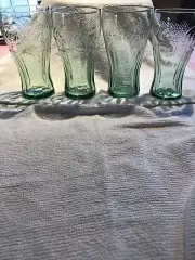 4-Coke Glass Genuine Coca-Cola Green Large 6" Glasses Cup Vintage 17 OZ NEW.