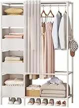 Portable Wardrobe Rack,Fabric Wardrobe Freestanding Portable Closet with Shelves and Hanging Rail Foldable Canvas Wardrobe for Bedroom White with Door Curtain