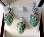 ENAMEL EGG PENDANT & EARRINGS SET STERLING 925 GENUINE GREEN JADE SUPERB QUALITY
