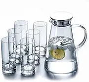 7-Pcs/Set Glass Pitcher with 6 Glasses Tumbler Cups Lid Water Carafe Jug with Spout Handle for Hot/Cold Water Tea Beverage