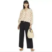 a new day Size XL Raglan Long Sleeve Tie-Front Beige Printed Blouse