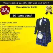 Men Prince Charlie Kilt Jacket Outfit Scottish Wedding Set 10PCS Kilt Jacket Set