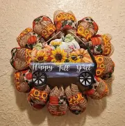Happy Fall Y'all Wagon Wreath - Handmade - Deco Mesh & Ribbon