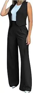 [HGps8w] Pant Suits for Women Dressy Casual 2 Piece Outfits Sleeveless V Neck Blazer Vest with Wide Leg Pants Work Office Sets, 01 Black, X-Large
