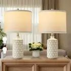 Modern Ceramic Bedside Lamp Set of 2, Grid Nightstand Lamp White+Grid,21.4