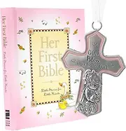 elskandi Baby Girl First Bible & Catholic Baptism Gift Set – Pink “Her First Bible” & Crib Cross with God Bless Our Baby Girl – Christening Keepsake from Godparents, Dedication or Newborn Girl Gift
