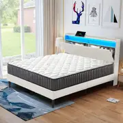 Familand LED Queen Bed Frame Storage Headboard Upholstered Charging Station Cream