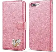 QLTYPRI iPhone 6 Plus Case iPhone 6S Plus Case Wallet Case Bling Shiny Glitter Flip Folio Case Full-Body Protective Cover Card Slots Magnetic Closure Kickstand Wrist Strap for Women Girls - Pink