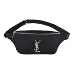 【YSL】YSL SAINT LAURENT銀字LOGO帆布拉鍊腰包(黑)