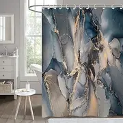 Hnmdmyi Marble Shower Curtain, 180 x 180 cm, Abstract Navy Blue Grey Gold Glitter Bath Curtain, Modern Luxury Ombre Crystal Texture Ink Art, Waterproof Polyester Fabric, Washable Bath Curtain with