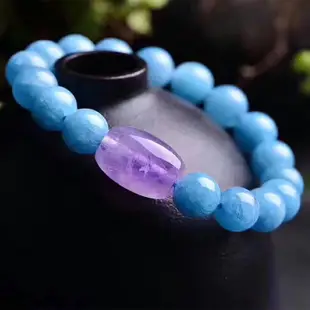 開光 天然紫水晶轉運珠手鏈 天然海藍寶手鏈 單圈海藍寶手串