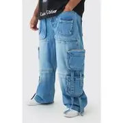 Mens Light Blue Plus Baggy Rigid Multi Pocket Strap Detail Cargo Jeans