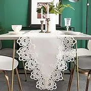 White Lace Table Runner Fabric Embroidered Runner Rectangle with Exquisite Macrame Embroidery for Wedding Dresser Scarf Party Decorations Dining 16x48 inch