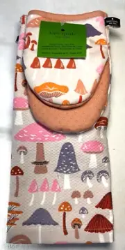 KATE SPADE TOWELS AND MINI OVEN MITTS MUSHROOMS GRAY PINK PURPLE CORAL NWT