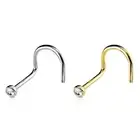 14K Solid Gold Nose Screw Ring with Bezel Set Clear 2mm CZ Jewel 18 or 20 Gauge