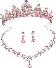 [Minkissy] Jewelry Set for Women Wedding Bridal Headpiece Necklace Earrings Crystal Rhinestone
