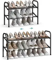 [SONGMICS] Shoe Rack, Shoe Rack, 2 Tier Metal Shelf, Adjustable Shoes, Standing Shelf for Hallway, Wardrobe, Entryway, Ink Black LMR029B01