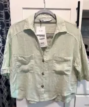 ZARA Shirt Womens XS Button Up Linen Cropped Oversized Blouse sage color nwt