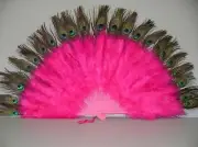 MARABOU FEATHER FAN - Hot Pink / Peacock 24" x 14" Burlesque/Costume/Halloween