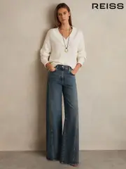 Reiss Mid Blue Fern Petite Twist Seam Wide Leg Jeans (F60567) | $350