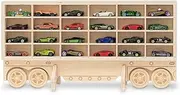 Wood Toy Car Storage Organizer – Holds Diecast Cars - Freestanding or Wall Display Case Shelf – Matchbox & Hot Wheels Car Compatible - FSC Wood (04. Rig Trailer (Holds 24 Cars))