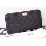 精品二手 CHANEL A80815 BOY ZIP WALLET BOY 荔枝拉鍊長夾 黑 淡金 免運