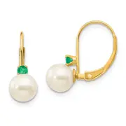 14k Yellow Gold 6-6.5mm White Round FW Cultured Pearl Emerald Leverback Earrings