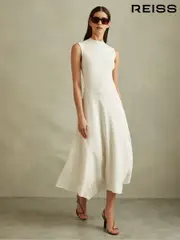 Reiss Ivory Lani Hybrid Knit Tie Back Midi Dress (B54502) | $460