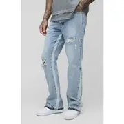 Mens Light Wash Tall Slim Flare Distressed Gusset Panel Jeans