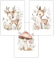 Children's Room Wall Pictures, Forest Animals, Set of 3, DIN A4 Posters (21 x 30 cm), Cute Deer and Toadstool, Beige and Pink Watercolour Art, Baby Room Decoration, Children's Room