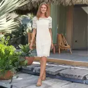 Sundance Imperial Eyelet Lace Dress Ivory Shift Crochet Floral Short Sleeve Sz L
