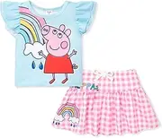 [Peppa Pig] Pig Toddler Girl 2pcs Outfits Ruffled Top and Floral Print Skirt Set Clothes Set 2-6 Years