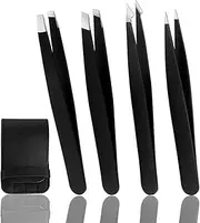 Eyebrow Tweezers Set, 4 Pack Stainless Steel Tweezers for Eyebrows, Precision Tweezers for Ingrown Hair, Eyebrows Plucking, Daily Beauty Tool for Men and Women(COLOR:black)