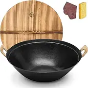 WANGYUANJI Handmade Cast Iron Wok 14.2" Large Woks Stir-Fry Pans with Dual Handle,Suitable for All Cooktops,Uncoated Chinese Traditional Wok with Free Dishcloth and Brush