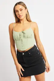 Green Cami Top Sleeveless Corset Linen Blend - Size 8XS, Women's Crop Top