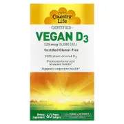 Country Life, Certified Vegan D3, 125 mcg (5,000 IU), 60 Vegan Softgels