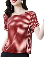 [Gienergy] 2022 Summer 100% Natural Silk Women Tops Blouses V-Neck Short Sleeve Vintage Plaid Loose Real Silk Casual Shirt Blouse Female