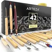 ARTEZA Pottery & Polymer Clay Tools, 42-Piece Sculpting Set, Steel Tip Tools with Wooden Handles, for Pottery Modeling, Smoothing, Carving & Ceramics