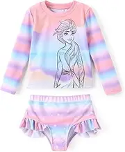 Mickey and Friends Girl Two Piece Long Sleeve Swimsuit Rashguard Bathing Suit, Disney Elsa-multi-color, 3 Years