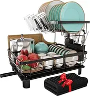 Boosiny Dish Drying Rack for Kitchen Counter, 2 Tier Dish Racks with Drainboard Set, Detachable Large Dish Drainer with Utensils Holder, Dish Drainer Rack with Extra Drying Mat, Black