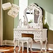 Makeup Vanity Table Set, French Vintage Dressing Table with LED Mirror & Chair & Jewelry Storage Box, 5 Drawers, 110cm(B)