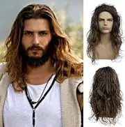 Qnbiar Long Curly Hair Wavy Brown Wig for Men Synthetic Natural Party Halloween Cosplay Hair Wig