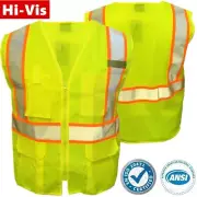 High Visibility Safety Work Hi Vis ANSI Class 2 Reflective Tape Vest Neon Green