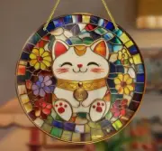Suncatcher, Maneki Neko Lucky Cat 8” Cute Kitty Acrylic Stained Glass Effect