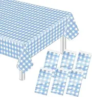 6 Pack Light Blue and White Checkered Tablecloth 54 ×108 Disposable Plastic Picnic Table Cover Rectangle Gingham Table Cloths for Indoor Outdoor Picnic Wedding Birthday Camping Camping