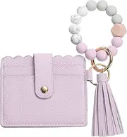 [SUIKIHUM] Card Holder Wallet with Silicone Beaded Bracelet, Slim PU Leather Wallet for Women, Compact and Lightweight Design for Daily Use, Purple, Purple, Daily