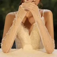 在飛比找蝦皮購物優惠-新娘結婚手套 珍珠全指長款網紗手套 婚紗禮服攝影拍照寫真 2