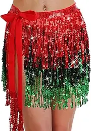 [Coume] Sequin Skirt Sparkly Belly Dance Glitter Skirt Tulle Tutu Fringe Hip Scarf Costume Kwanzaa Freedom Day Party