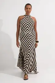 Plus Size Mono Fluid Stripe Cotton Mix Woven Maxi Halter Dress