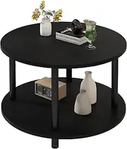 [VERFARM] 60CM Round Coffee Table, 2-Tier Small Circle Coffee Table with Storage, Modern Center Accent Table with Metal Frame, Side Table End Table for Small Space, Living Room, Office, Black